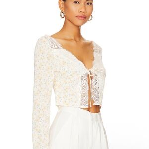 Spring Floral Lace Trim Tie Front Top